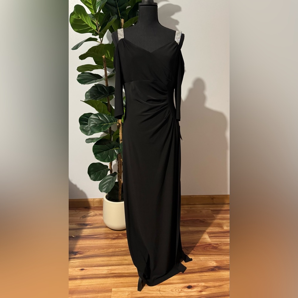 R&M Richards Black Off Shoulder Maxi Dress with Draped Detail